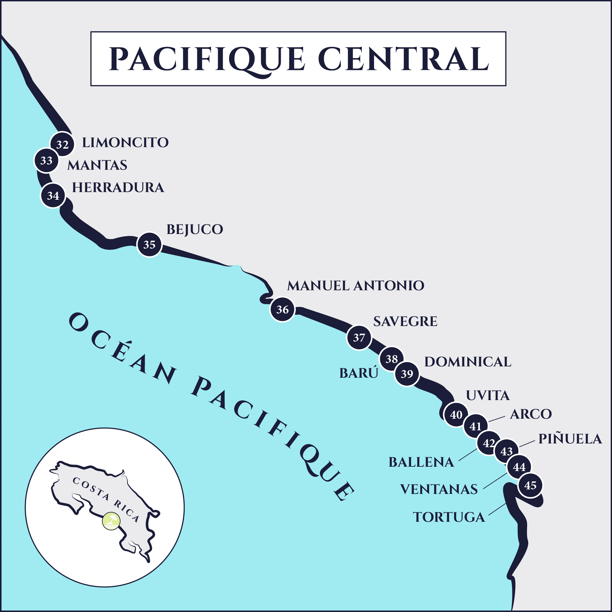 carte des plages pacifique central